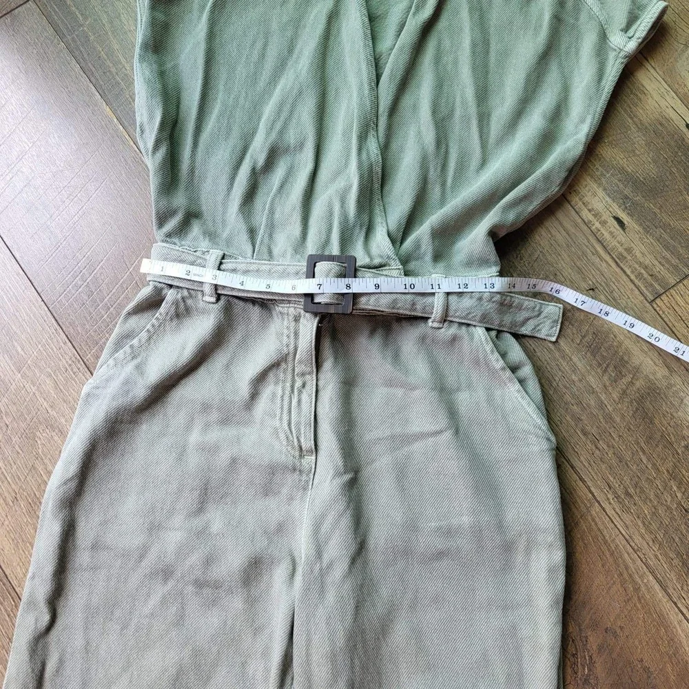 Zara Womens Sage Green Denim Belted Utility Jumpsuit Short Sleeve XS 1887/163